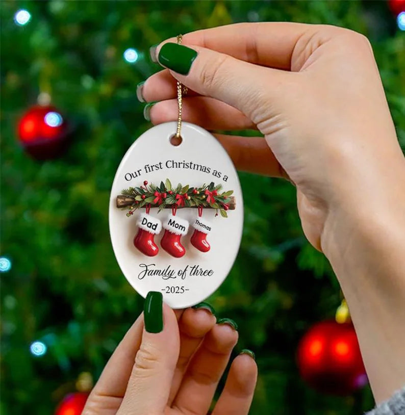 Personalized Family of Three Ceramic Ornament  Christmas 2025, Custom New Family Ornament, Baby's First Christmas Ornament