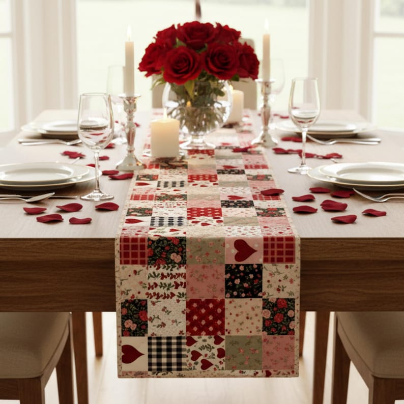Valentine’s Day Quilted Table Runner – Red and Pink Patchwork Print Heart Farmhouse Table Decor