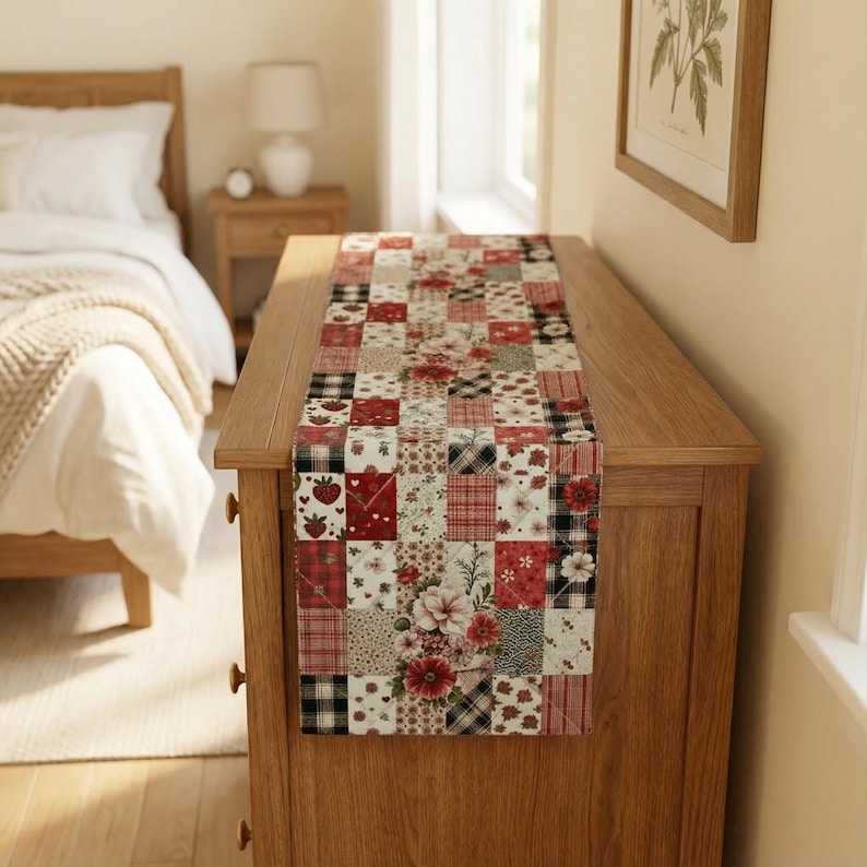 Floral Patchwork Print Quilted Table Runner – Valentine Red and Pink Farmhouse Table Decor Mother's Day Gift