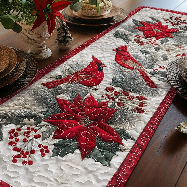 Red Cardinal Quilted Christmas Table Runner, Red Christmas Table Runner, Cardinal Decor, Dining Linens, Christmas Holiday Decor, Xmas Gift