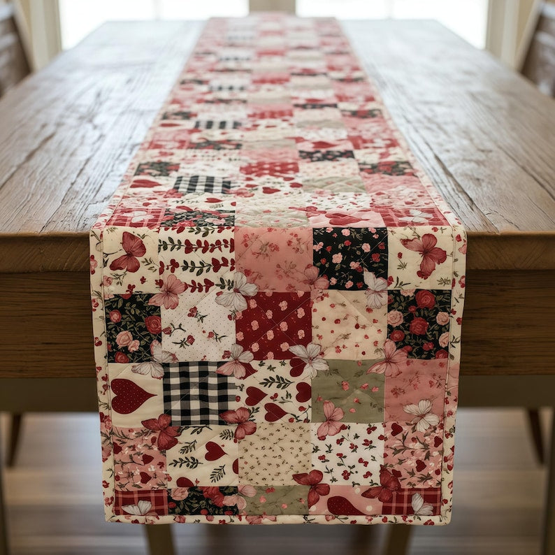 Valentine’s Day Quilted Table Runner – Red and Pink Patchwork Print Heart Farmhouse Table Decor