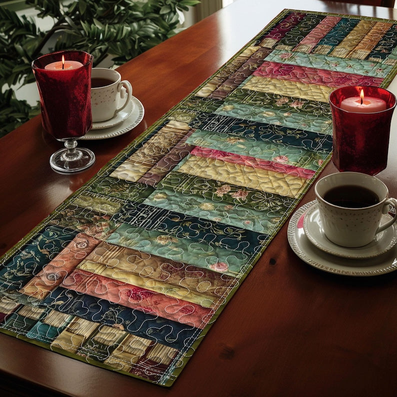 Vintage Book Table Runner – Quilted Floral Book Spine Runner, Library Decor Table Linen, Quilted Book Spine Table Runner