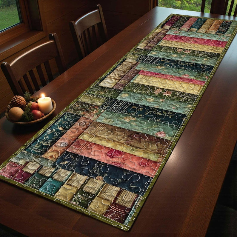 Vintage Book Table Runner – Quilted Floral Book Spine Runner, Library Decor Table Linen, Quilted Book Spine Table Runner