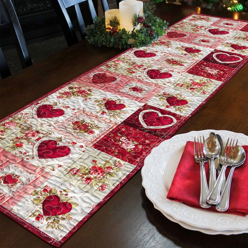Heart Quilt Table Runner for Valentine’s Day Decor, Red Pink Print Quilted Table Runner, Romantic Home Dining Decor, Wedding Decor