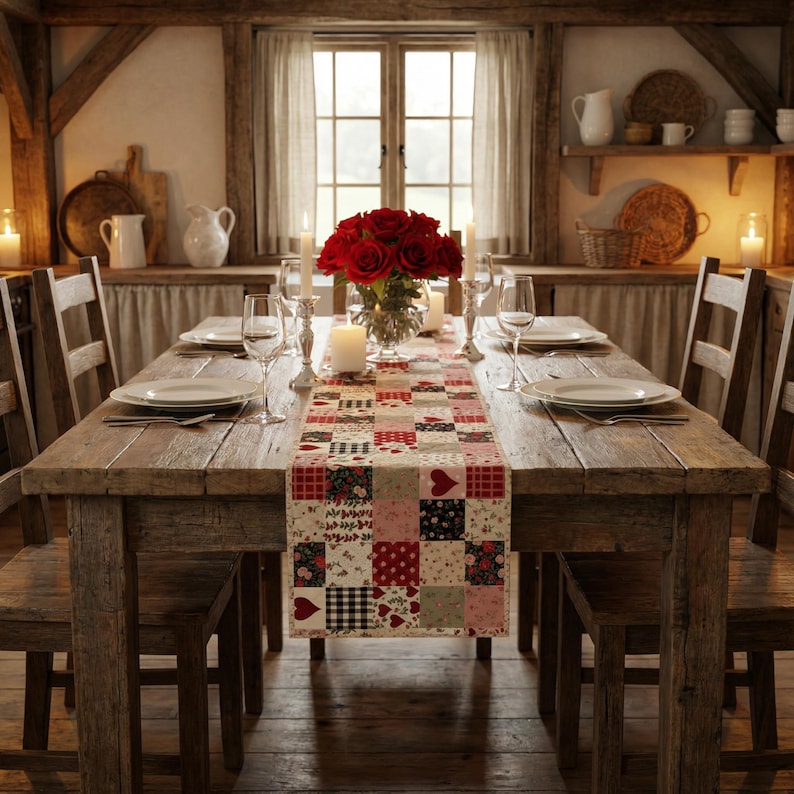 Valentine’s Day Quilted Table Runner – Red and Pink Patchwork Print Heart Farmhouse Table Decor