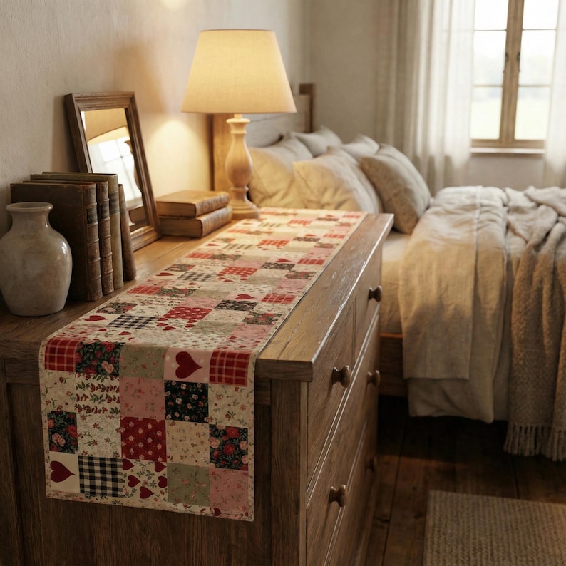 Valentine’s Day Quilted Table Runner – Red and Pink Patchwork Print Heart Farmhouse Table Decor