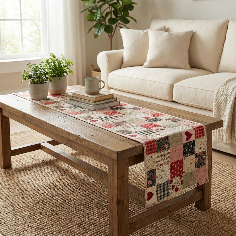 Valentine’s Day Quilted Table Runner – Red and Pink Patchwork Print Heart Farmhouse Table Decor