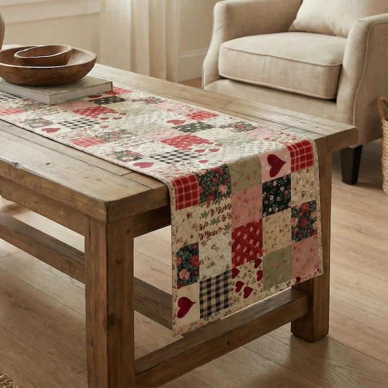 Valentine’s Day Quilted Table Runner – Red and Pink Patchwork Print Heart Farmhouse Table Decor