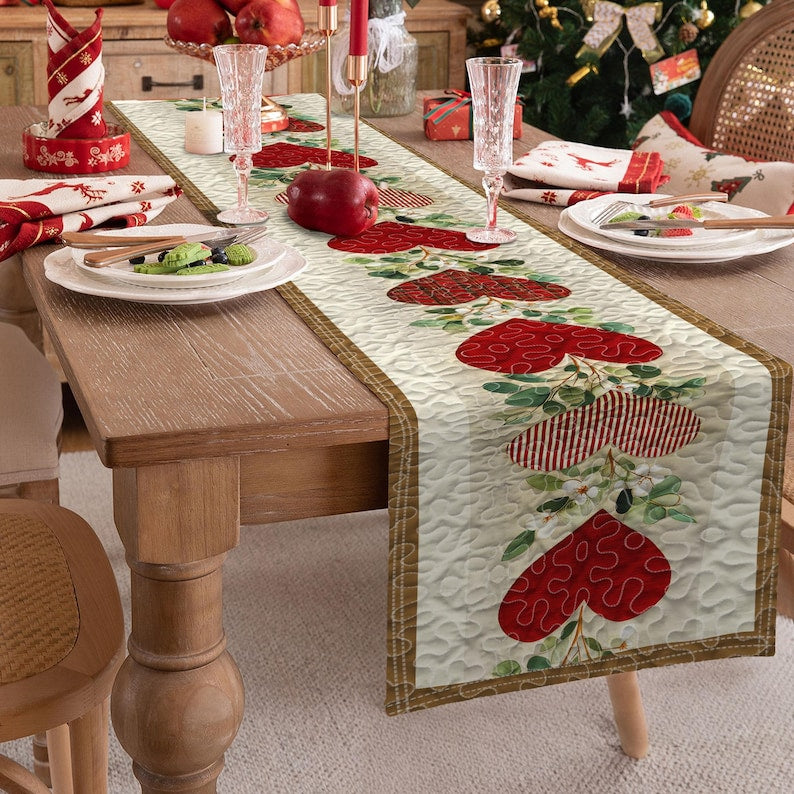 Valentine’s Day Quilt Table Runner with Heart Pattern, Red Pink Love Table Runner, Red Pink Romantic Table Decor for Dining Table