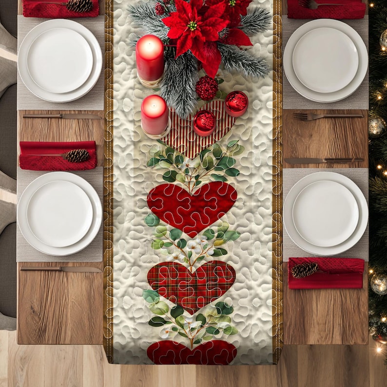 Valentine’s Day Quilt Table Runner with Heart Pattern, Red Pink Love Table Runner, Red Pink Romantic Table Decor for Dining Table
