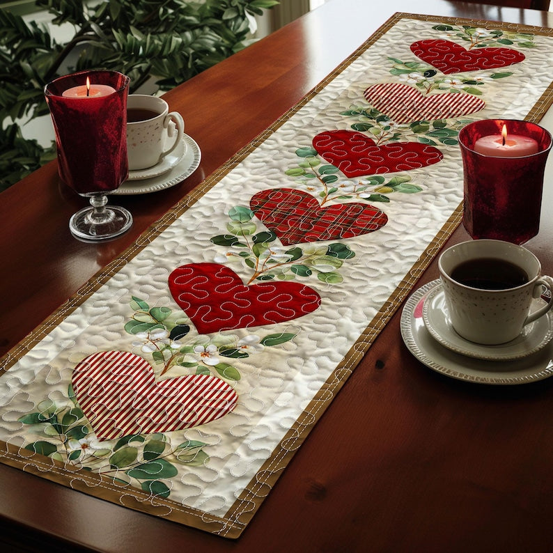 Valentine’s Day Quilt Table Runner with Heart Pattern, Red Pink Love Table Runner, Red Pink Romantic Table Decor for Dining Table