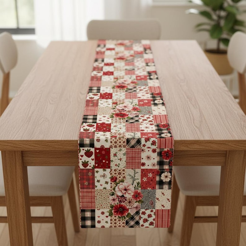 Floral Patchwork Print Quilted Table Runner – Valentine Red and Pink Farmhouse Table Decor Mother's Day Gift