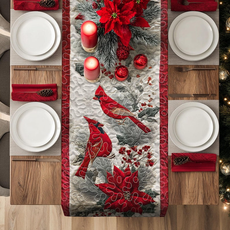 Red Cardinal Quilted Christmas Table Runner, Red Christmas Table Runner, Cardinal Decor, Dining Linens, Christmas Holiday Decor, Xmas Gift