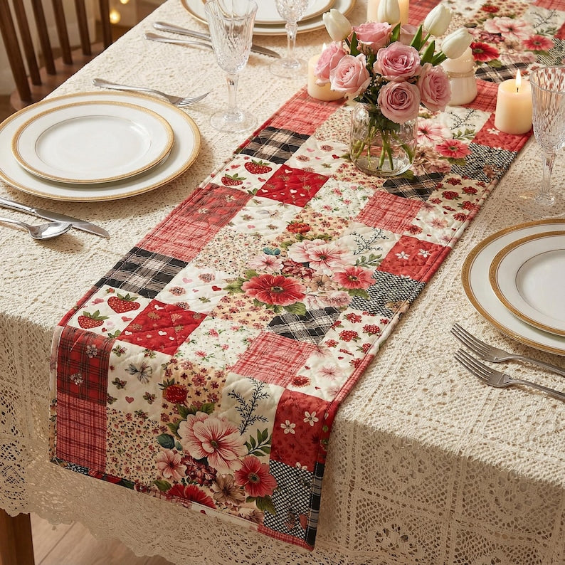 Floral Patchwork Print Quilted Table Runner – Valentine Red and Pink Farmhouse Table Decor Mother's Day Gift