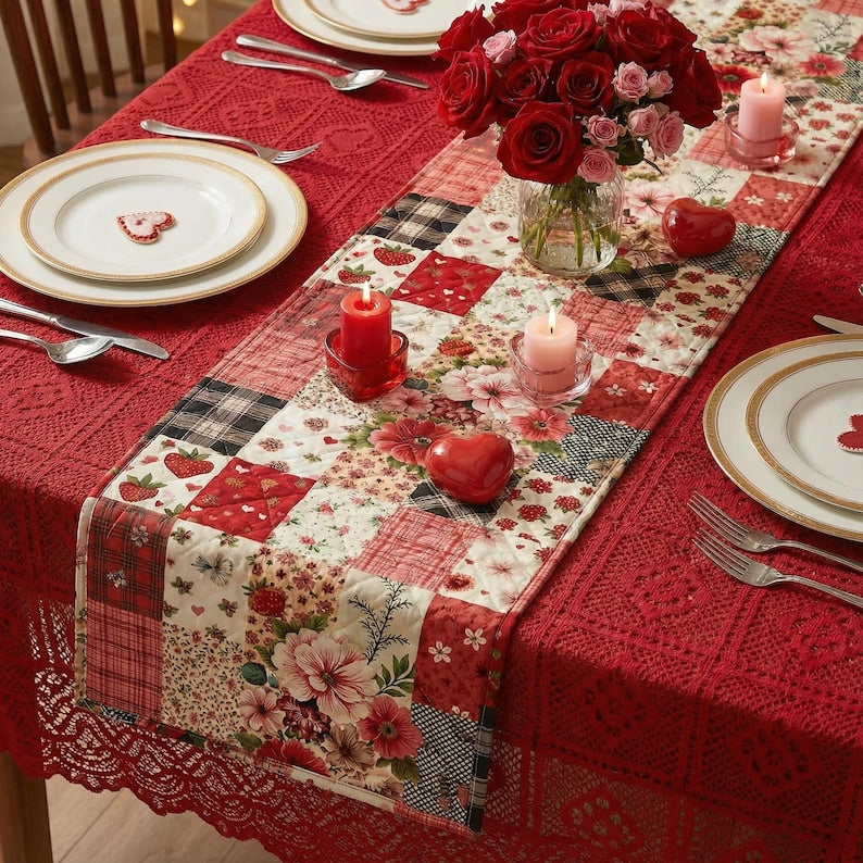 Floral Patchwork Print Quilted Table Runner – Valentine Red and Pink Farmhouse Table Decor Mother's Day Gift