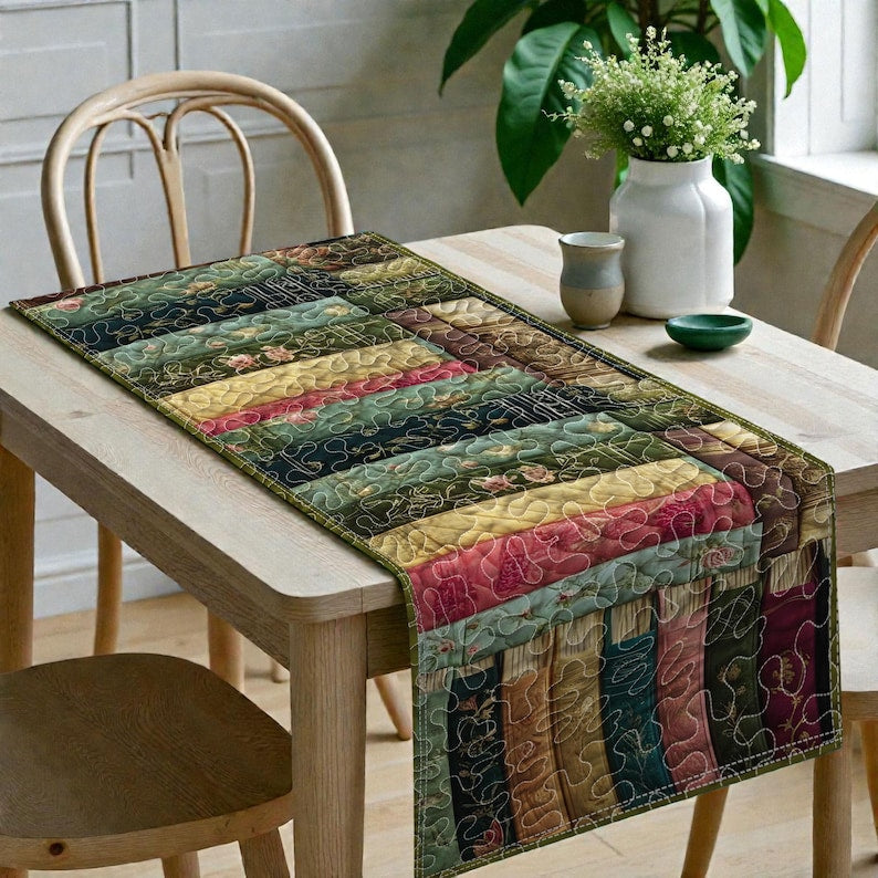 Vintage Book Table Runner – Quilted Floral Book Spine Runner, Library Decor Table Linen, Quilted Book Spine Table Runner