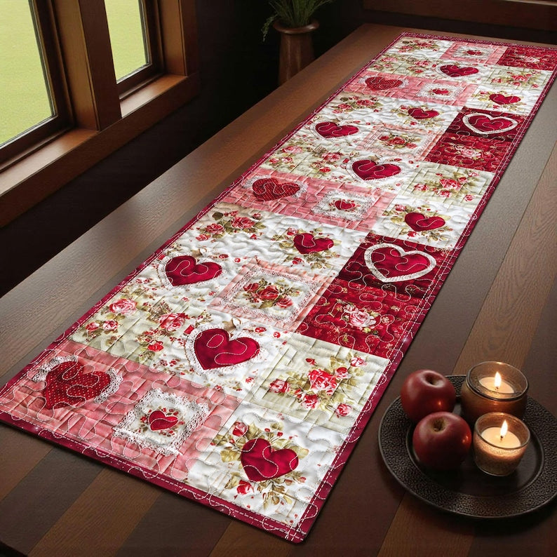 Heart Quilt Table Runner for Valentine’s Day Decor, Red Pink Print Quilted Table Runner, Romantic Home Dining Decor, Wedding Decor