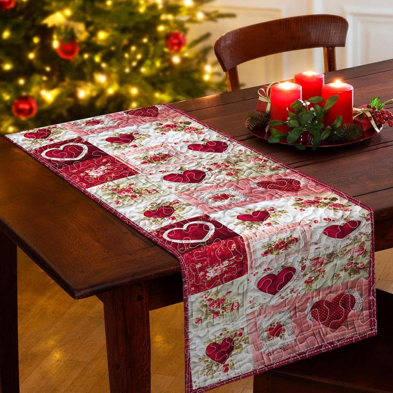 Heart Quilt Table Runner for Valentine’s Day Decor, Red Pink Print Quilted Table Runner, Romantic Home Dining Decor, Wedding Decor