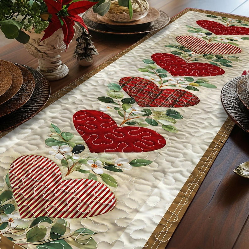Valentine’s Day Quilt Table Runner with Heart Pattern, Red Pink Love Table Runner, Red Pink Romantic Table Decor for Dining Table