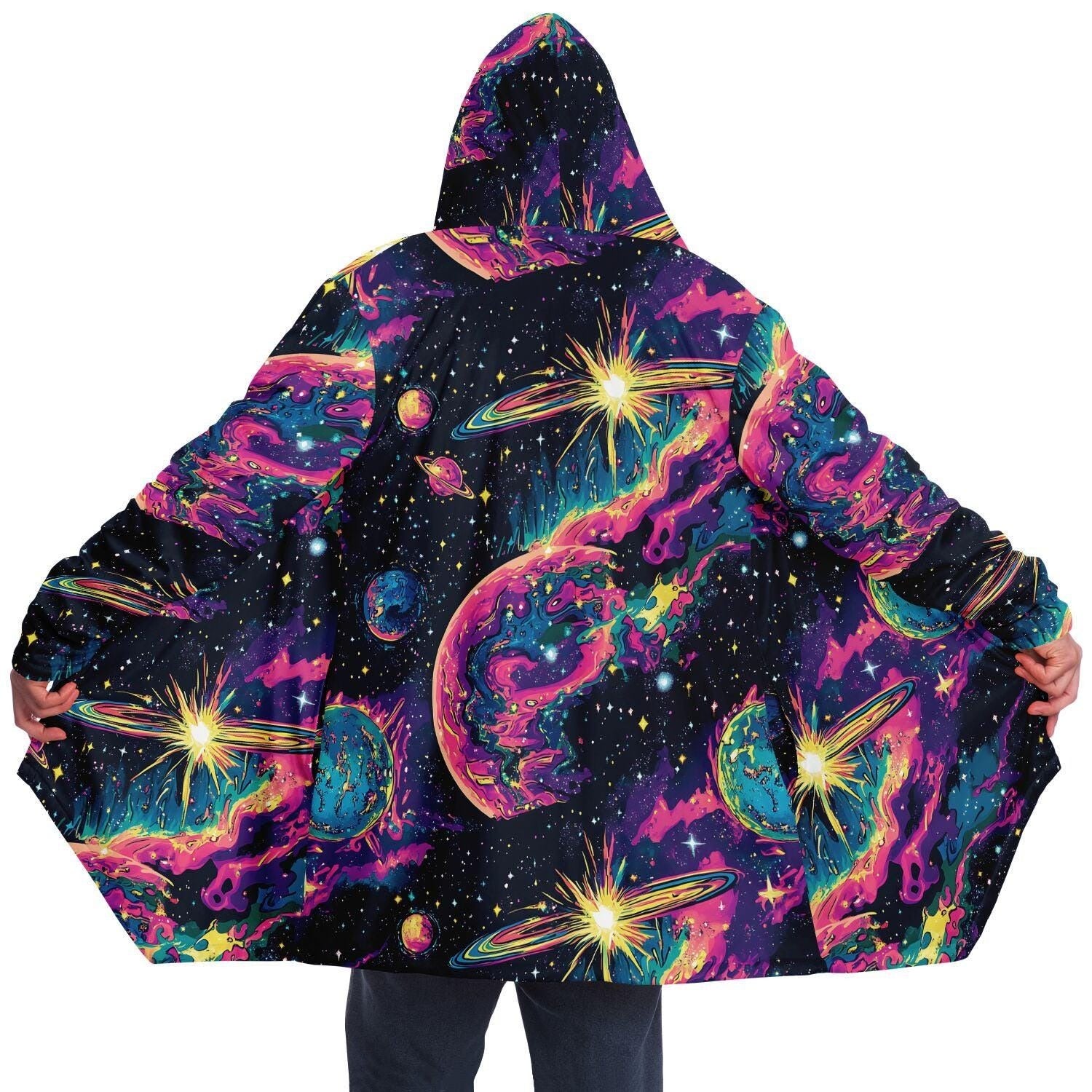 Galaxy Cloak, Psychedelic Space Hooded Robe, Trippy Universe Sherpa Hoodie, Colorful Cosmic Cape, Festival Outerwear for Men & Women