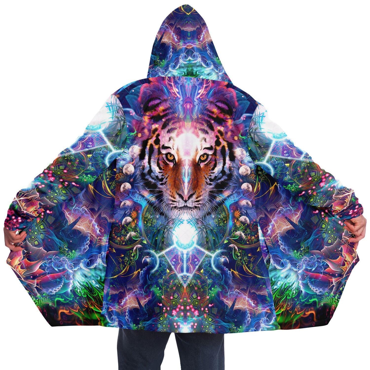 Psychedelic Tiger Cloak, Trippy Spirit Animal Hooded Robe, Colorful Visionary Sherpa Hoodie, Festival Clothing for Men & Women