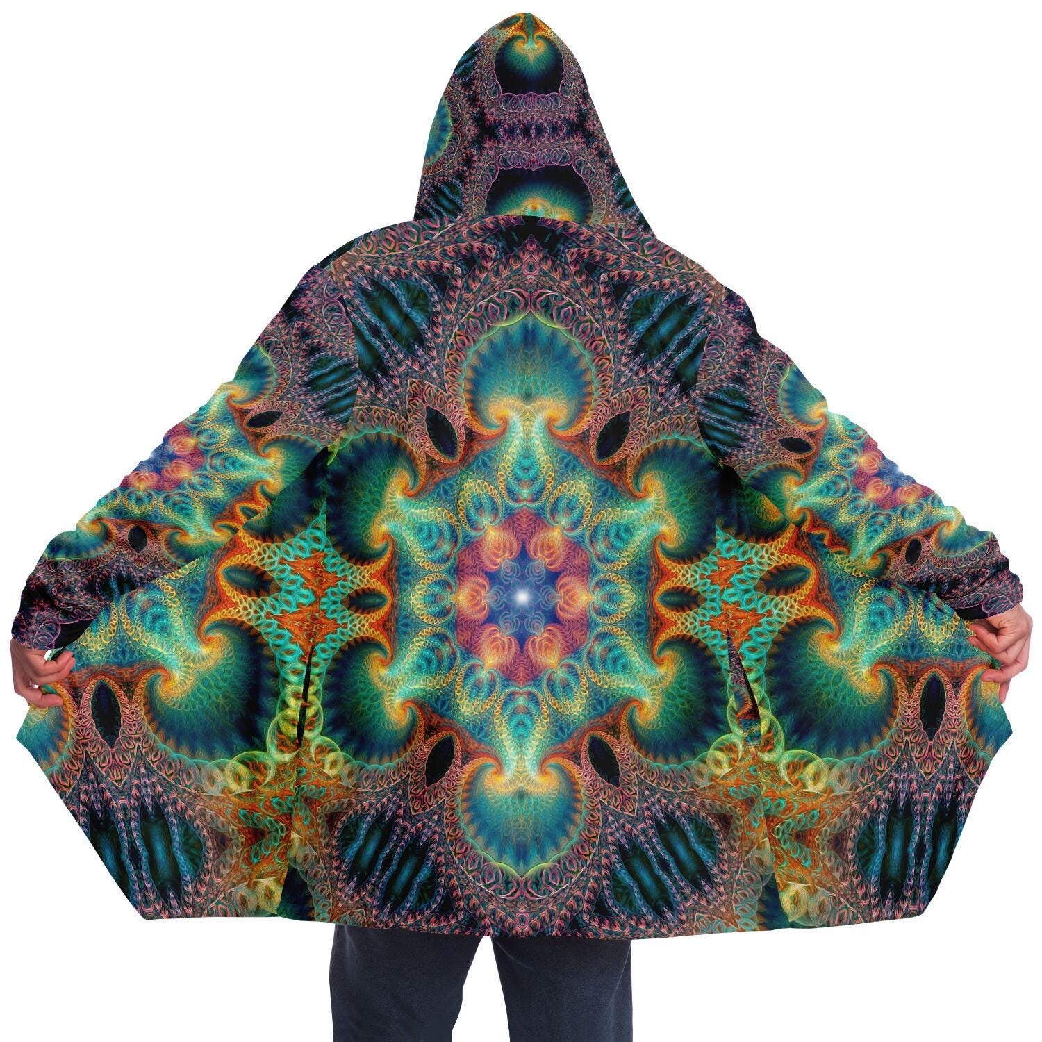 Healing Fractal Mandala HOODED CLOAK, Psychedelic Festival Hoodie, Vibrant Neon Rave Jacket, Trippy Festival Coat, Wizard Robe, Burning Man