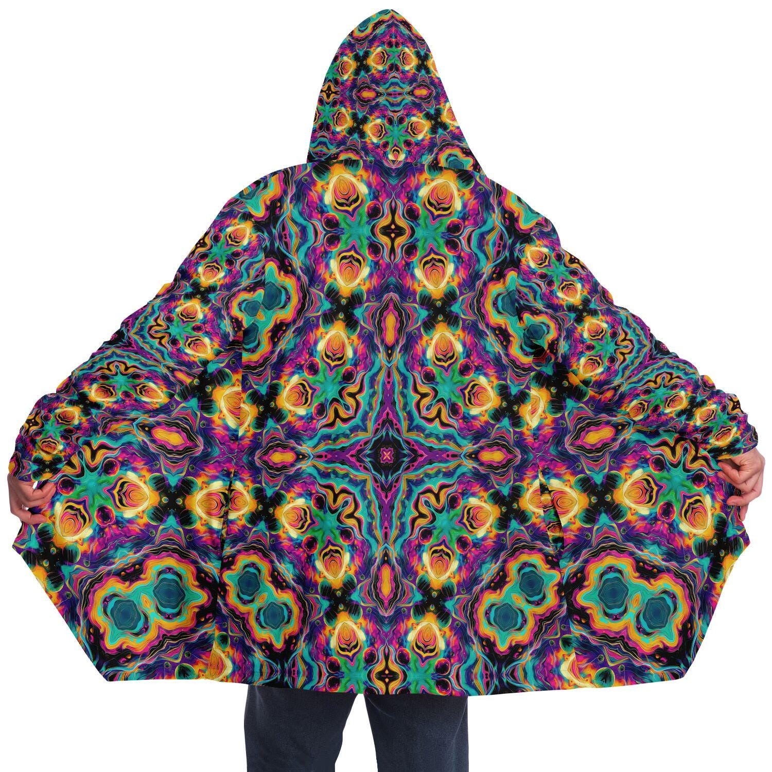 Trippy Neon Fractal HOODED CLOAK, Psychedelic Festival Hoodie, Vibrant Neon Rave Jacket, Colorful Festival Coat, Wizard Robe, Burning Man