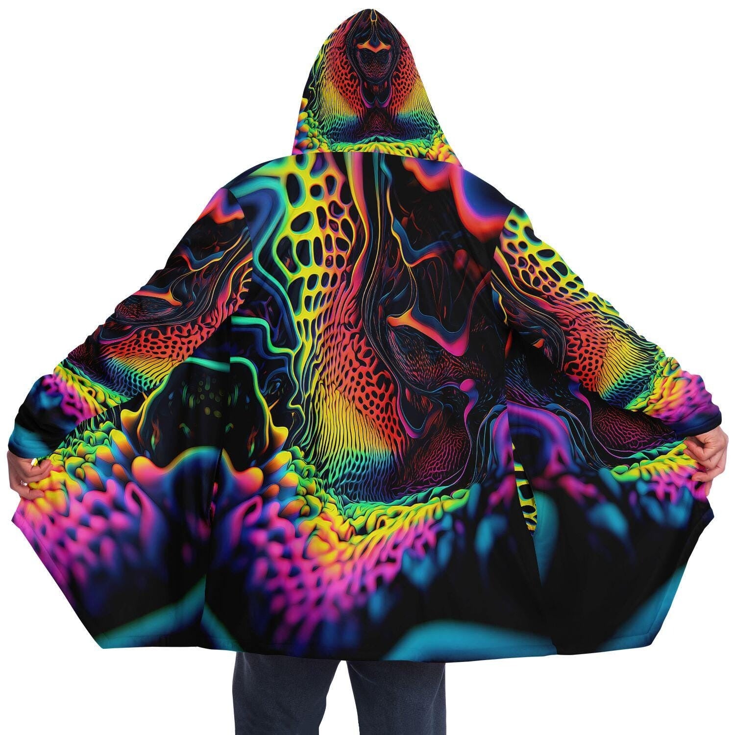 Trippy Neon HOODED CLOAK, Vibrant Neon Rave Jacket, Psychedelic Cape, Colorful Festival Coat, Unique Outerwear for Festivals, Wizard Robe