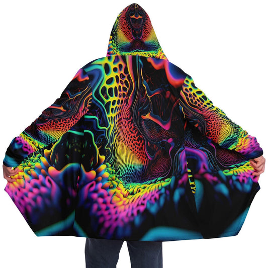 Trippy Neon HOODED CLOAK, Vibrant Neon Rave Jacket, Psychedelic Cape, Colorful Festival Coat, Unique Outerwear for Festivals, Wizard Robe