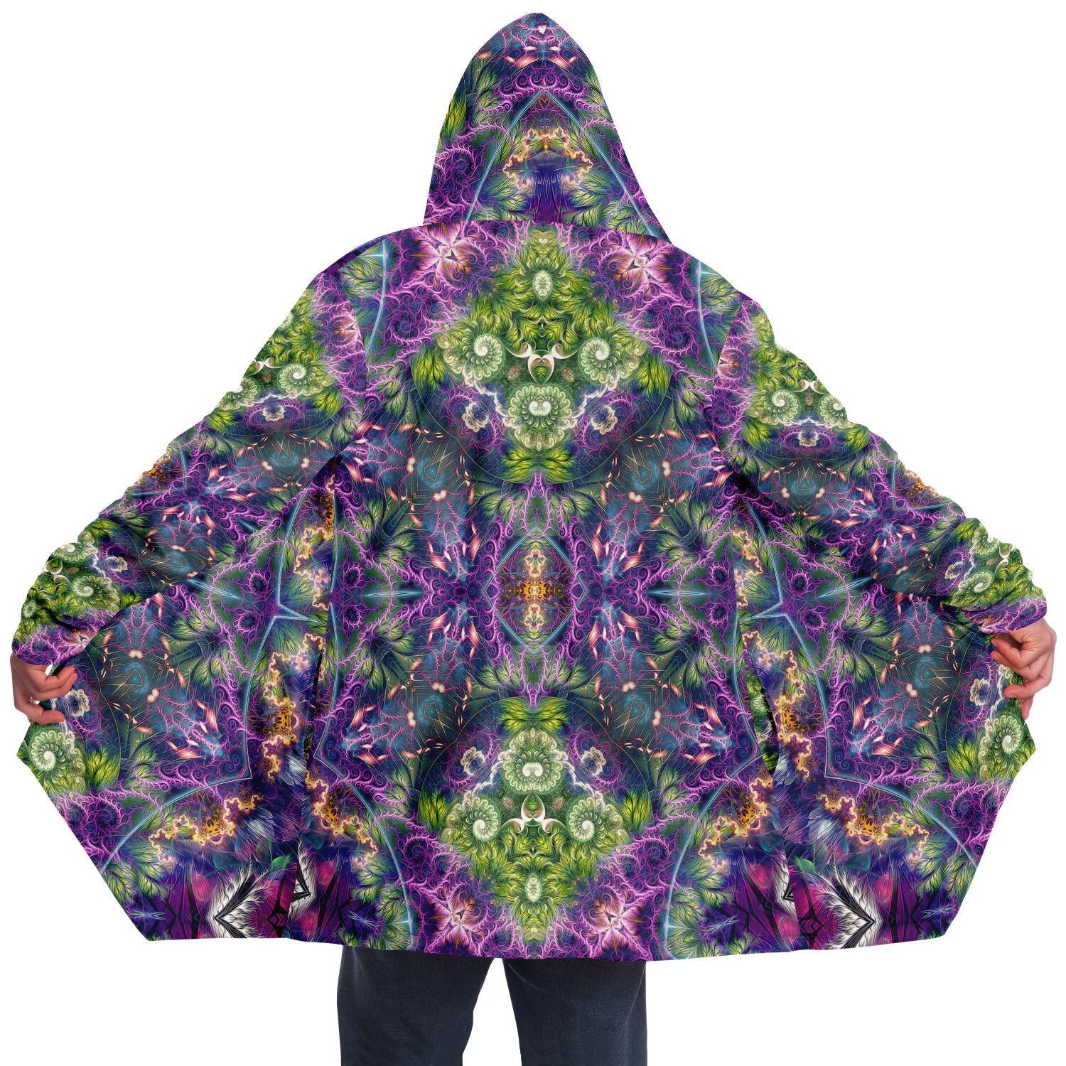 Fractal Pattern HOODED CLOAK, Psychedelic Festival Hoodie, Trippy Rave Jacket, Colorful Festival Coat, Witch, Wizard Robe, Cape
