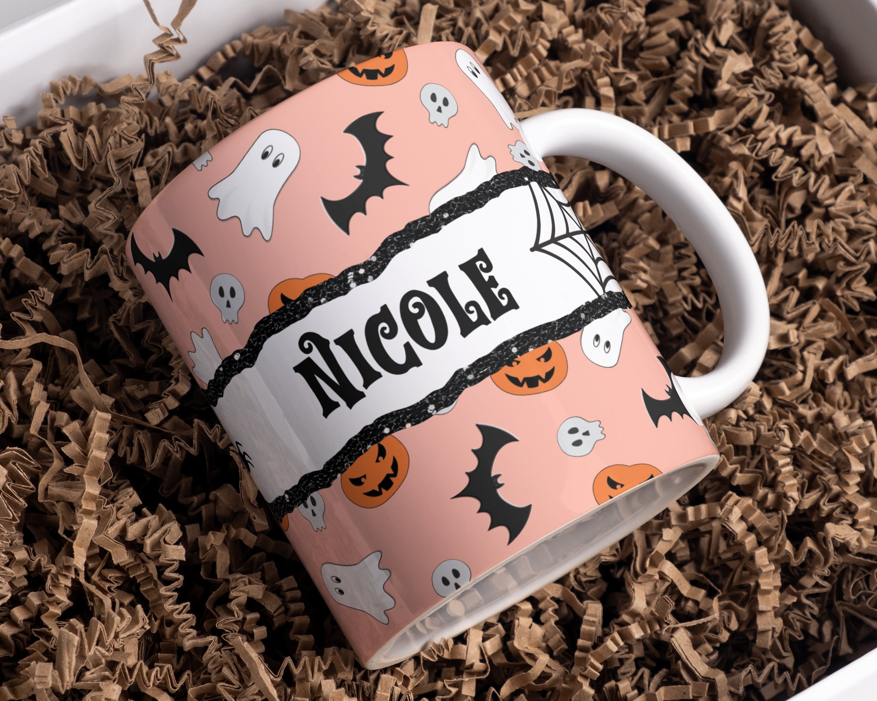 Personalized Halloween Mug with Name, Cute Ghost, Bat & Pumpkin Design, Custom Spooky Coffee Cup for Kids & Adults