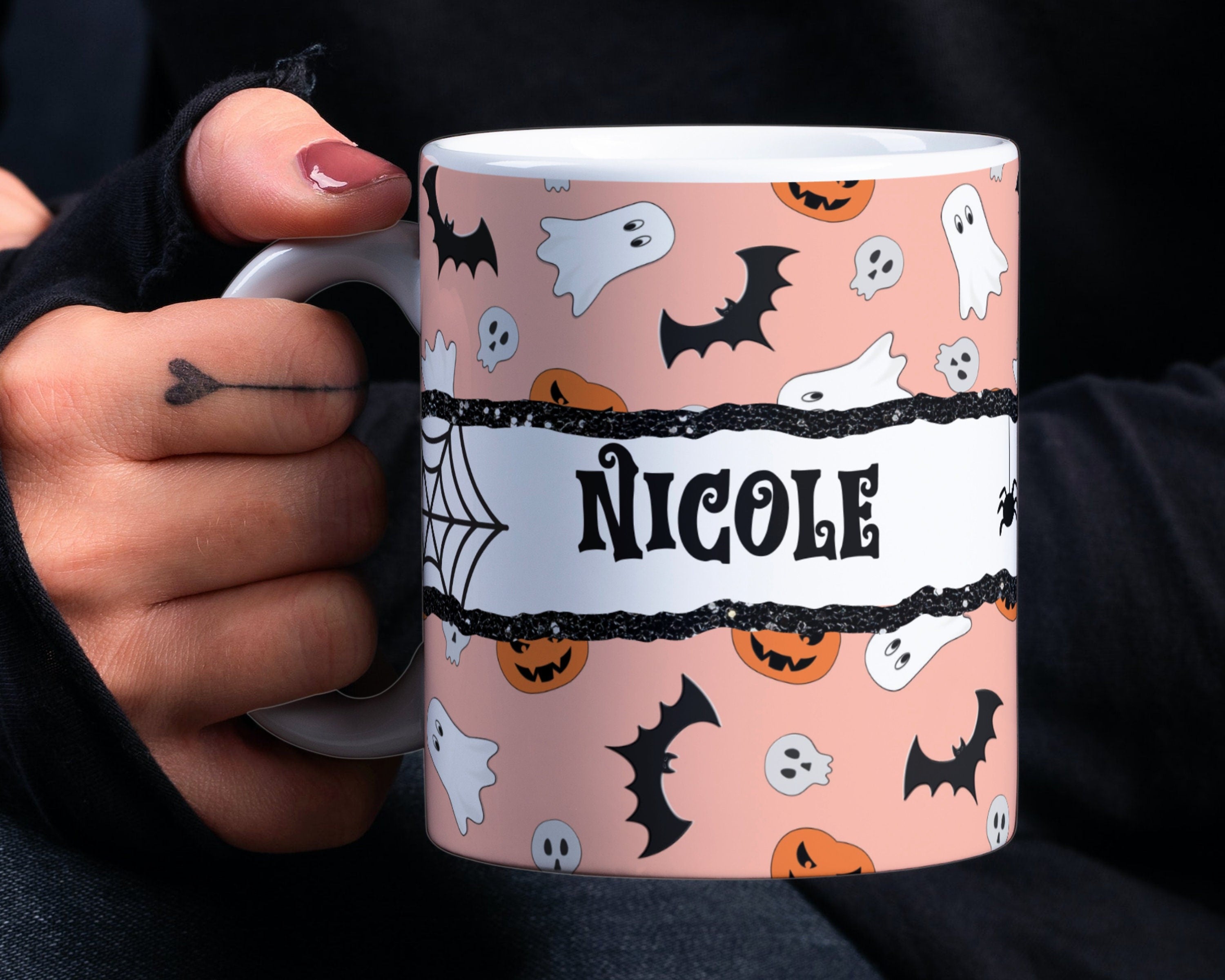 Personalized Halloween Mug with Name, Cute Ghost, Bat & Pumpkin Design, Custom Spooky Coffee Cup for Kids & Adults