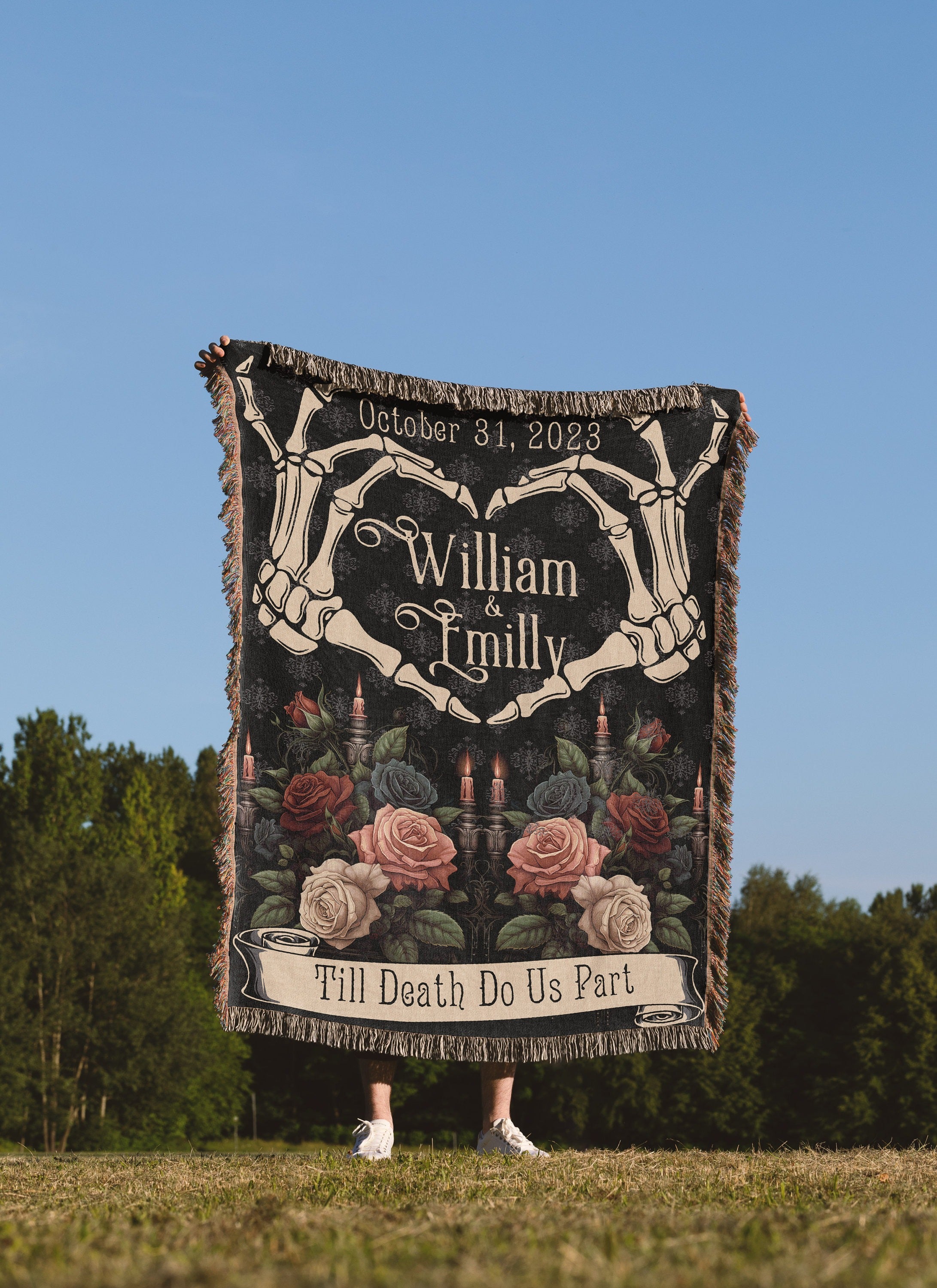 Halloween Custom Gifts, Hand Heart Woven Blanket, Custom Skeleton Couple Gift, Til Death Do Us Part Tapestry, Personalized Goth Wedding Gift