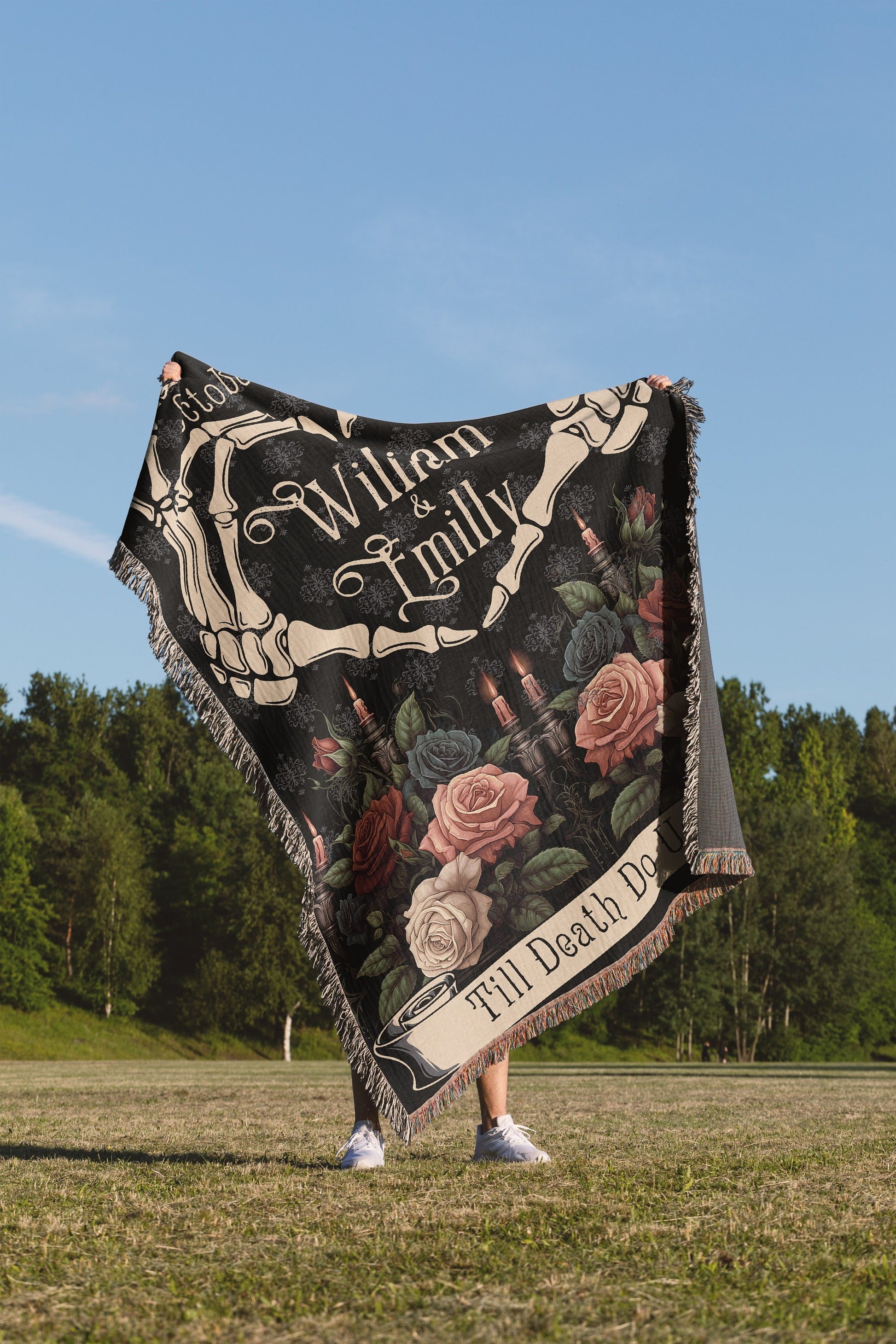 Halloween Custom Gifts, Hand Heart Woven Blanket, Custom Skeleton Couple Gift, Til Death Do Us Part Tapestry, Personalized Goth Wedding Gift