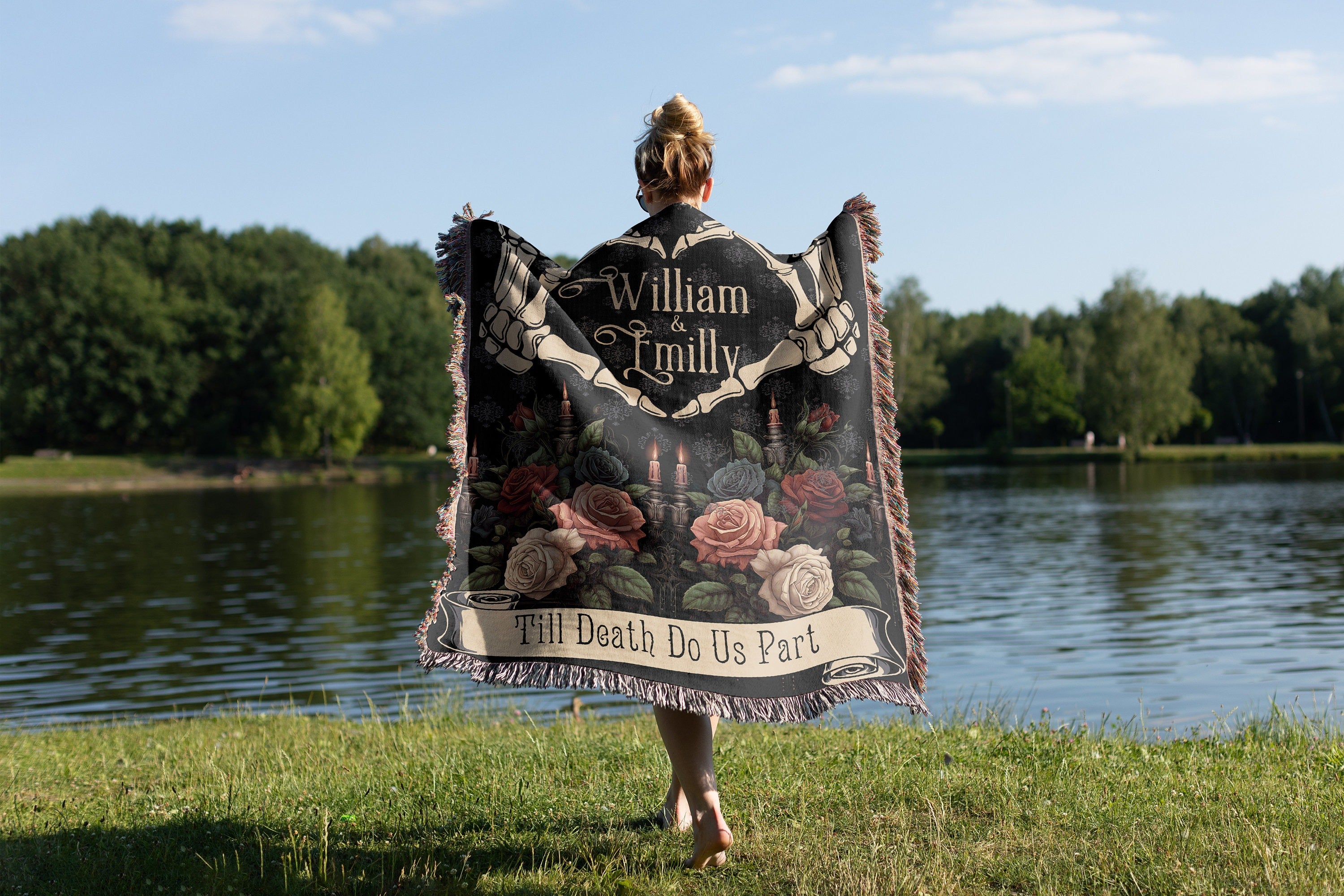 Halloween Custom Gifts, Hand Heart Woven Blanket, Custom Skeleton Couple Gift, Til Death Do Us Part Tapestry, Personalized Goth Wedding Gift
