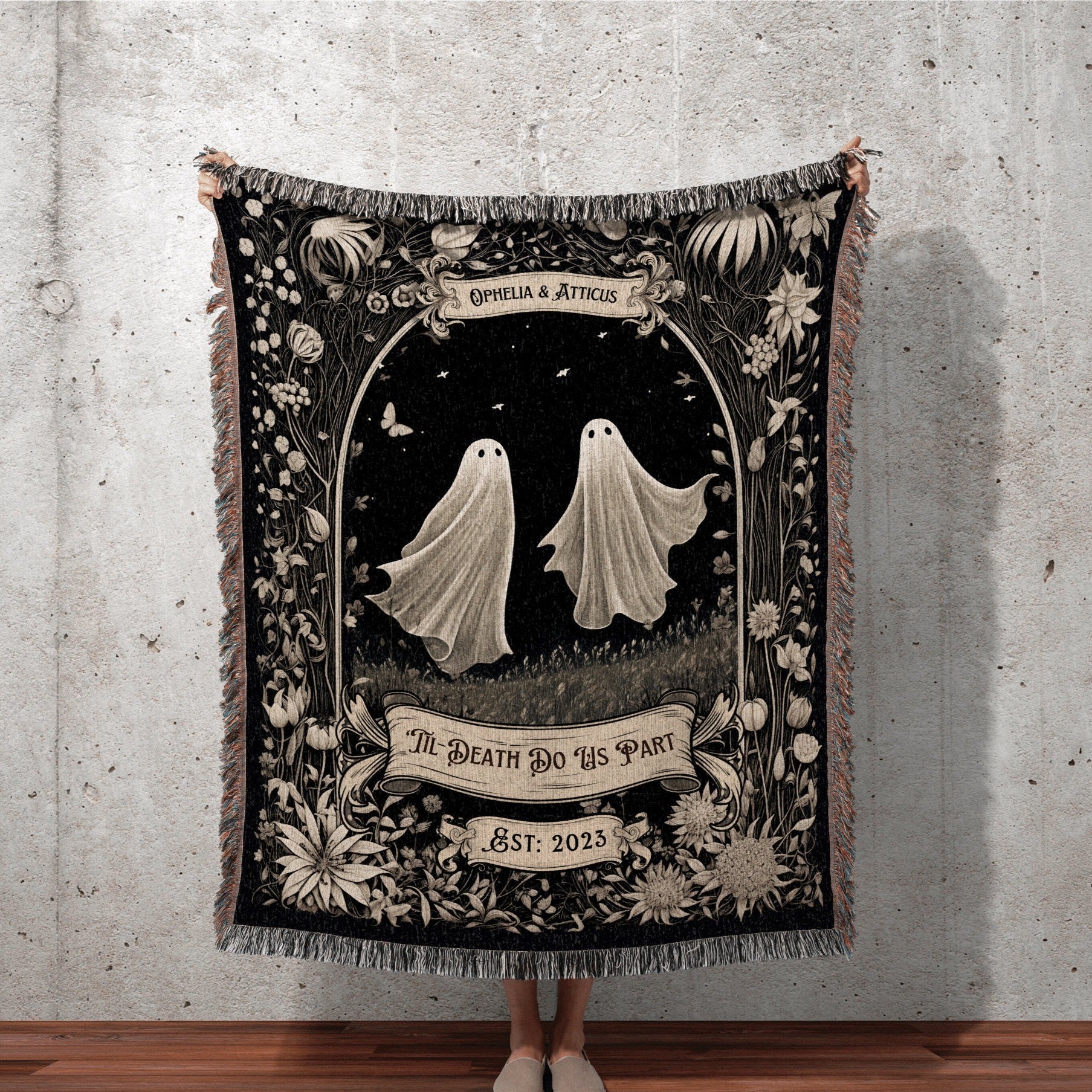 Halloween Custom Gifts, Ghost Couple 'Till Death Do Us Part', Personalized Wedding Blanket Spooky Halloween Tapestry Woven Ghost Gifts His & Hers Anniversary Gifts