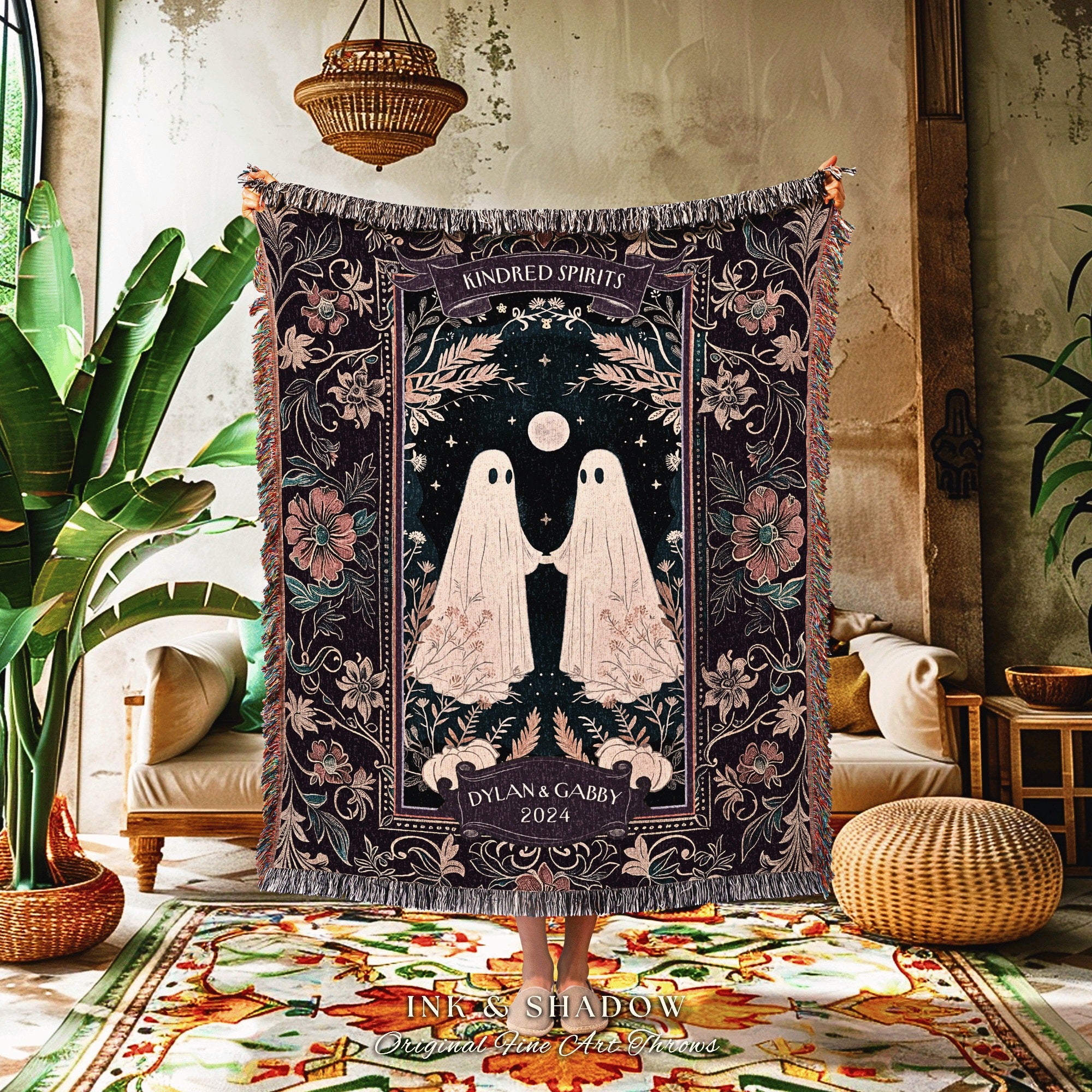 Halloween Custom Gifts, Custom Woodland Gothic Couple Blanket Woven Throw His & Hers Gift For Cotton Anniversary