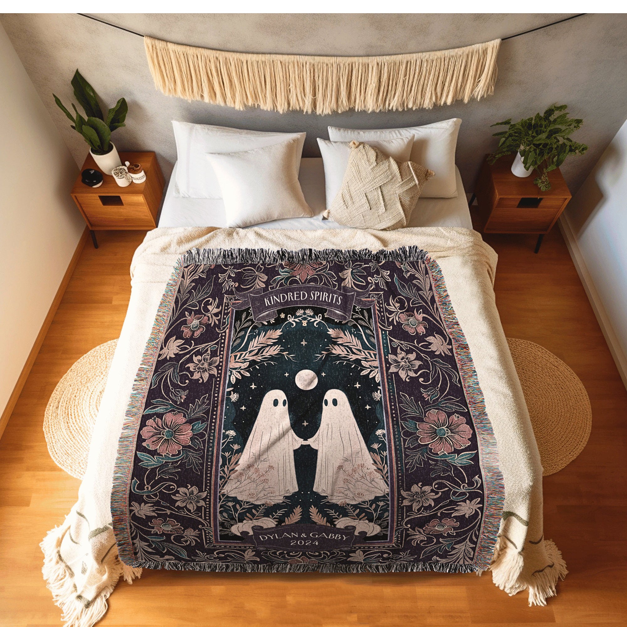 Halloween Custom Gifts, Custom Woodland Gothic Couple Blanket Woven Throw His & Hers Gift For Cotton Anniversary