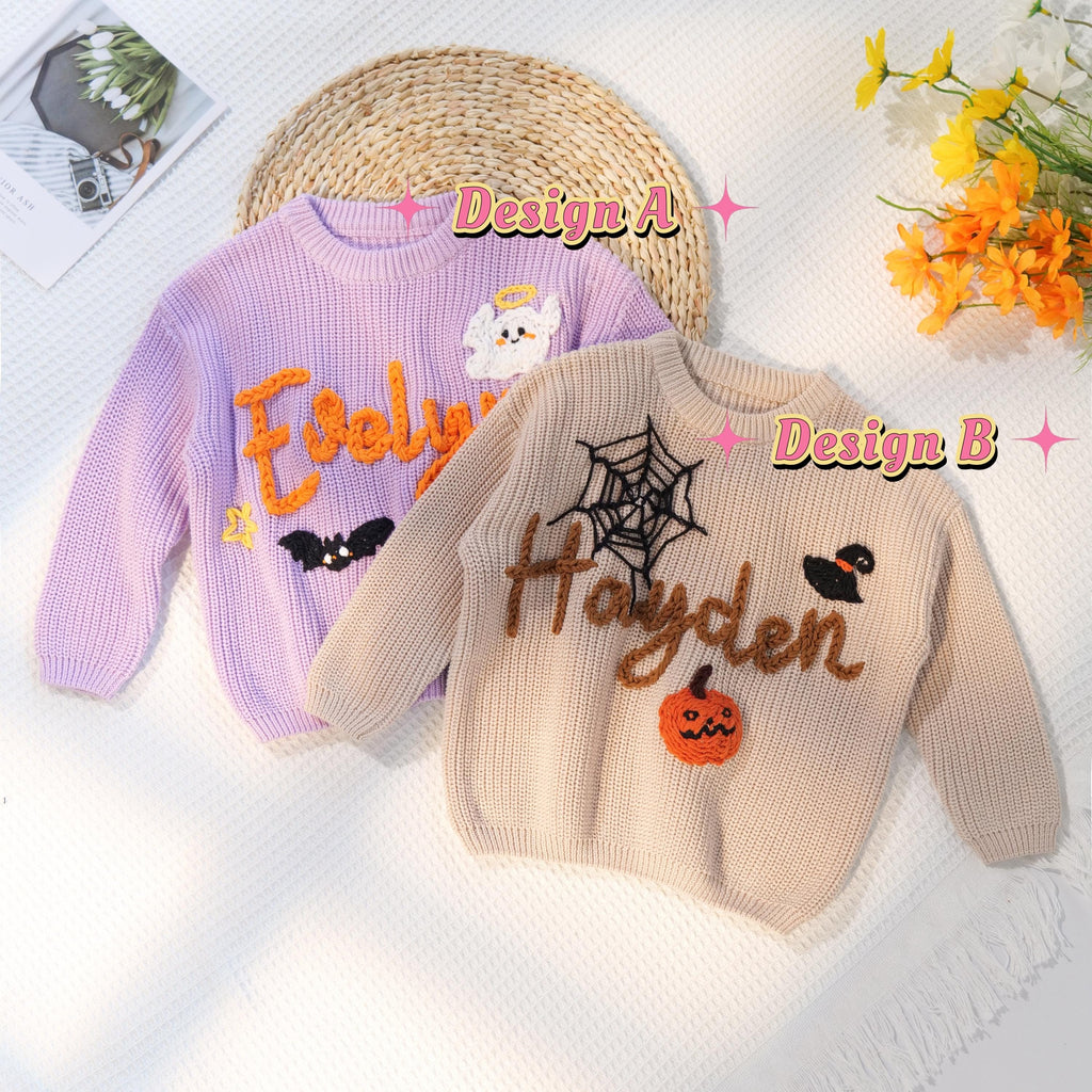 Happy Halloween Personalized Embroidered Name Baby Sweater, Custom Baby Name Sweater, Baby Girls Sweater With Name, Gift For Baby Girls Boy