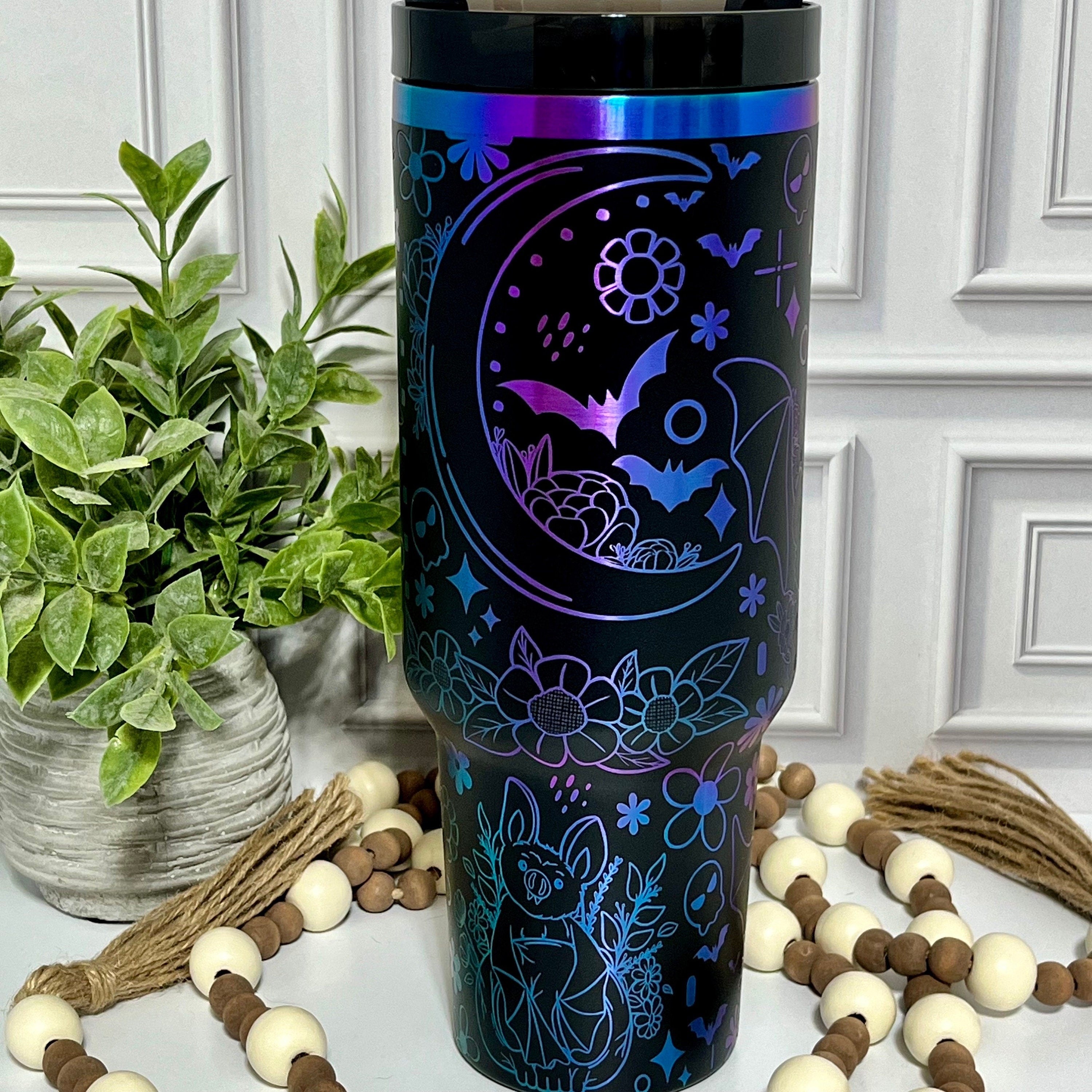 40 oz Tumbler Halloween Bat Bats Floral Bats Doodle Handle Straw Customized Laser Engraved, Custom Gifts For Halloween