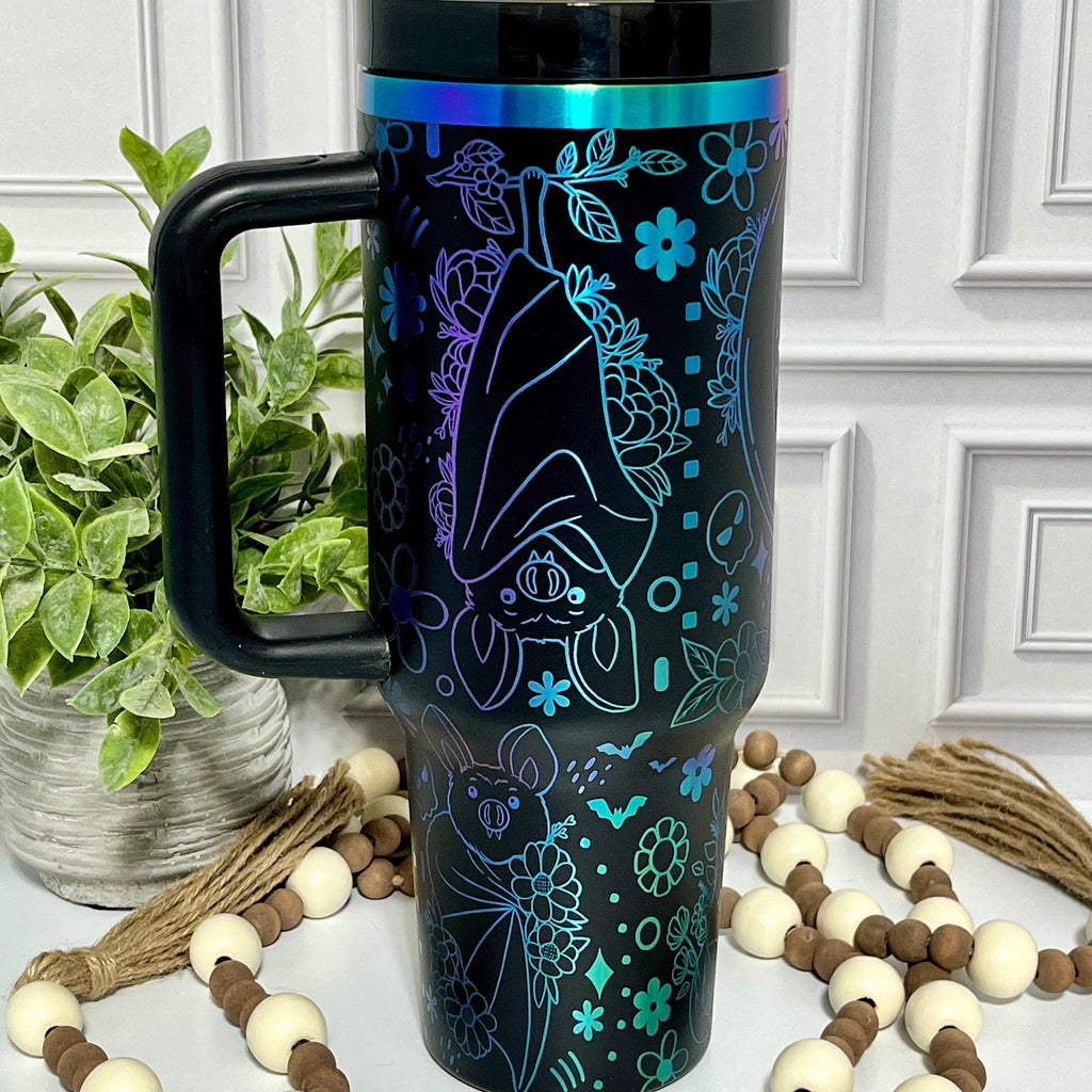 40 oz Tumbler Halloween Bat Bats Floral Bats Doodle Handle Straw Customized Laser Engraved, Custom Gifts For Halloween
