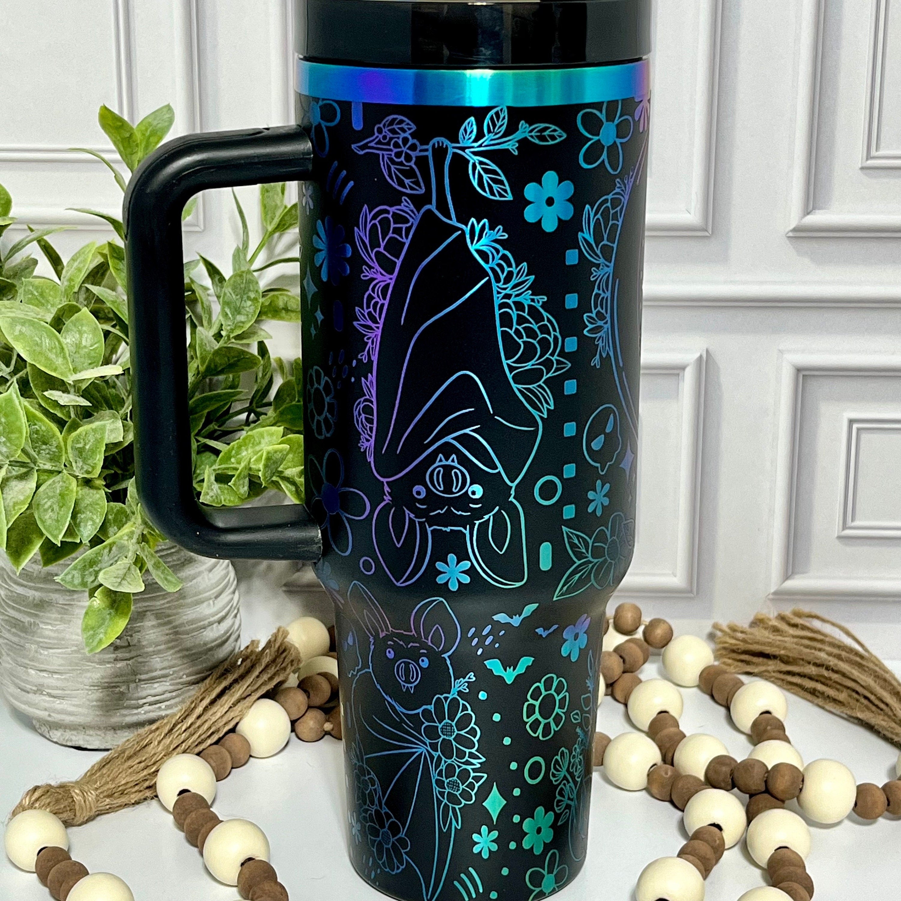 40 oz Tumbler Halloween Bat Bats Floral Bats Doodle Handle Straw Customized Laser Engraved, Custom Gifts For Halloween