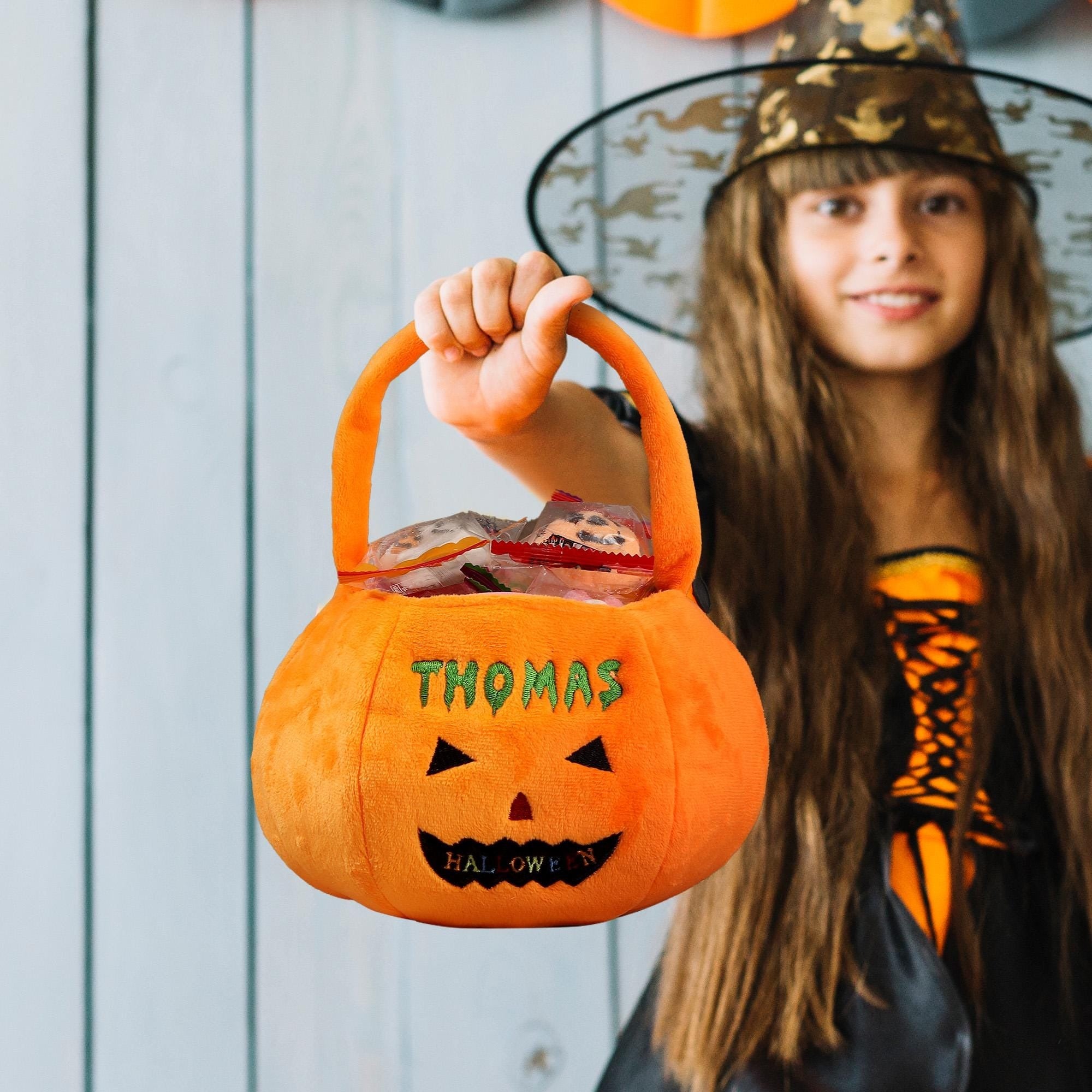 Personalized Halloween Basket, Custom Pumpkin Bucket with Name, Embroidered Trick or Treat Bag, Pumpkin Bucket for Kids, Gift for Child