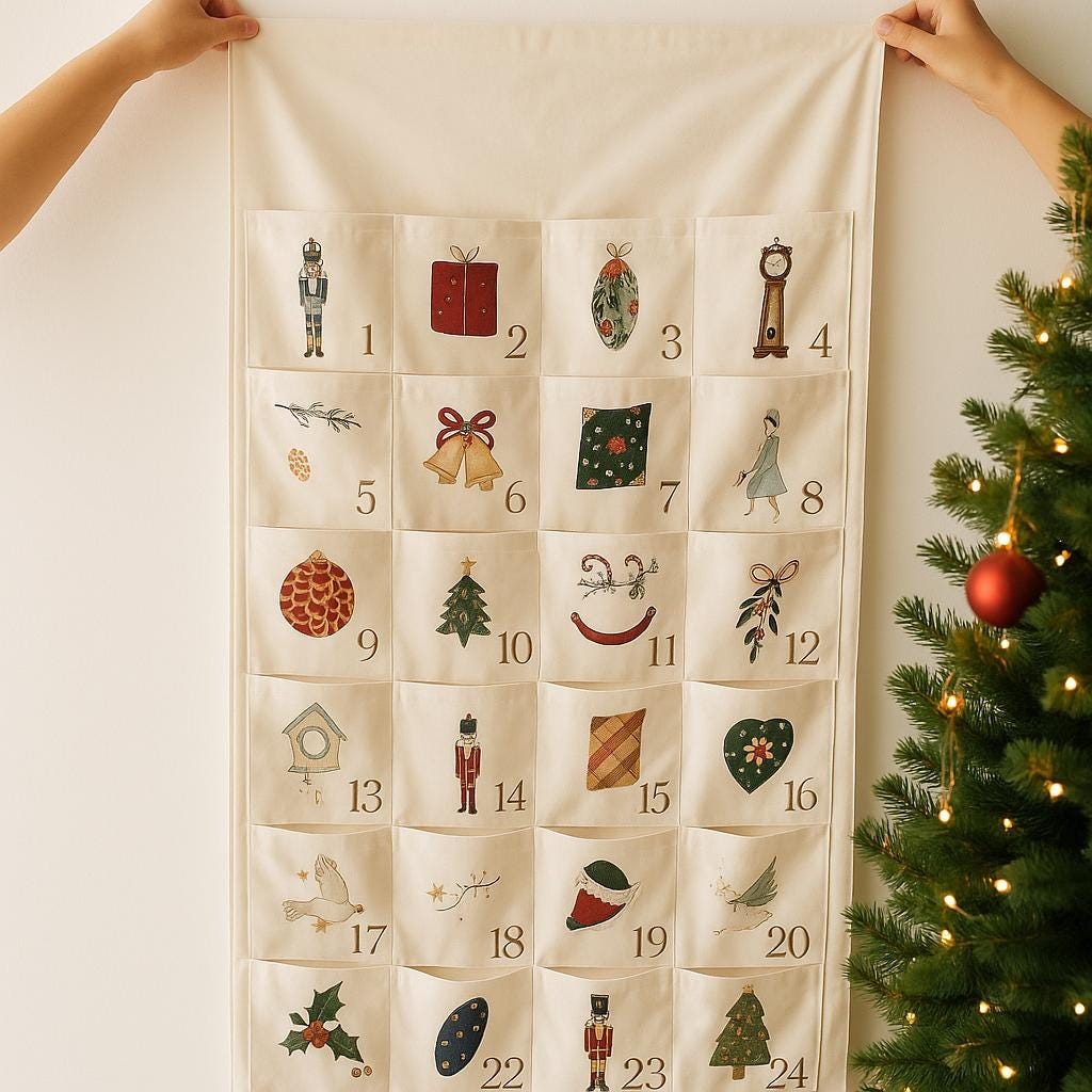 Personalized Fabric Advent Calendar, 24 Pocket Christmas Countdown, Reusable Holiday Wall Decor, Vintage Christmas Gift
