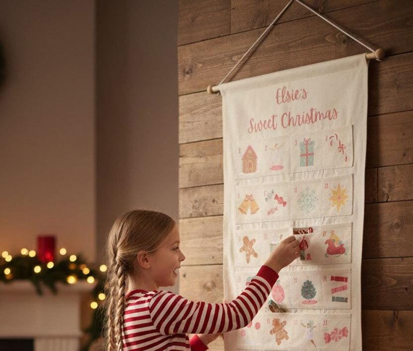 Custom Name Advent Calendar, Personalized Christmas Countdown, Fabric Wall Hanging, 24 Pockets, Kids Christmas Gift