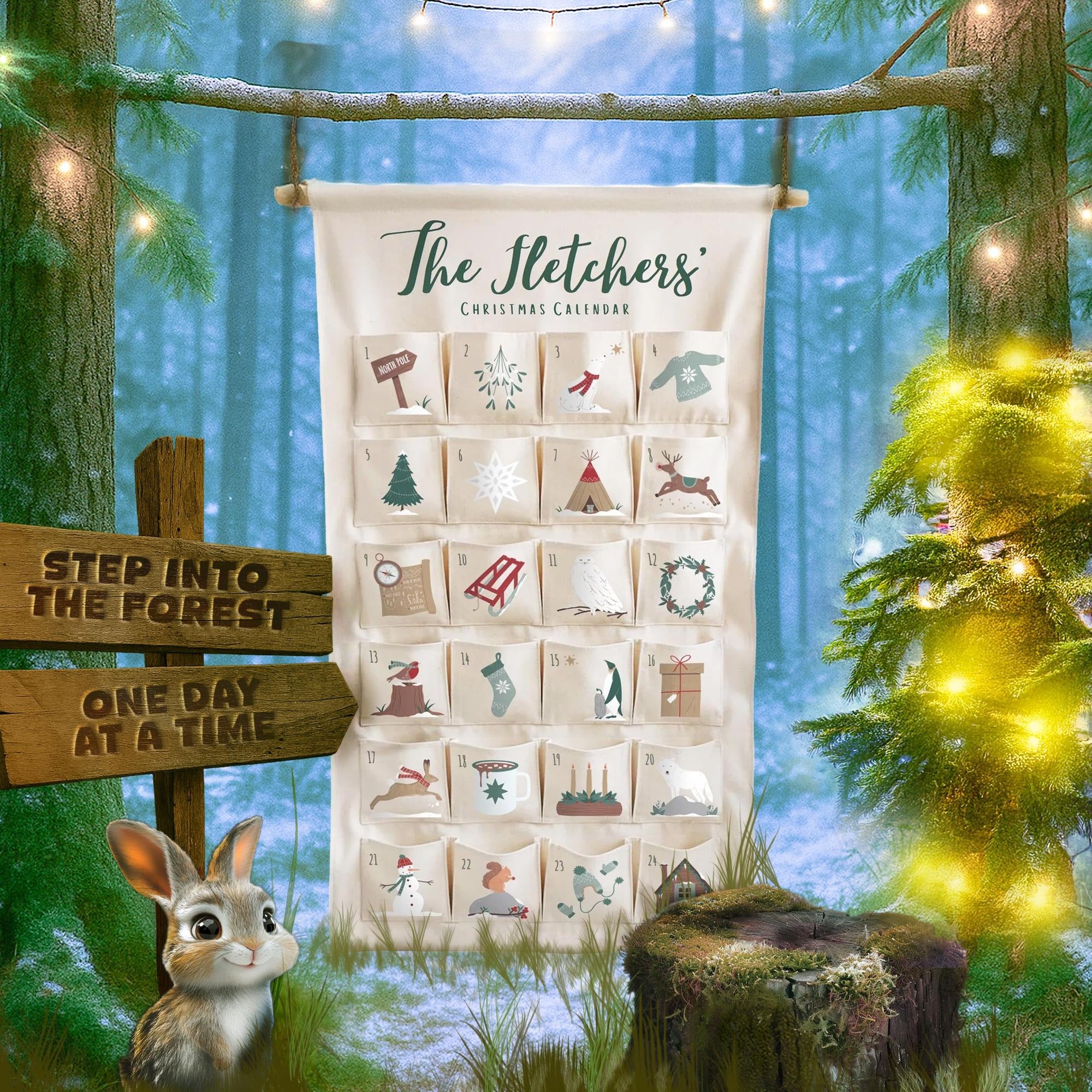 Personalized Fabric Advent Calendar, Forest Theme, Christmas Keepsake, Kids Holiday Decor, Reusable Gift Idea