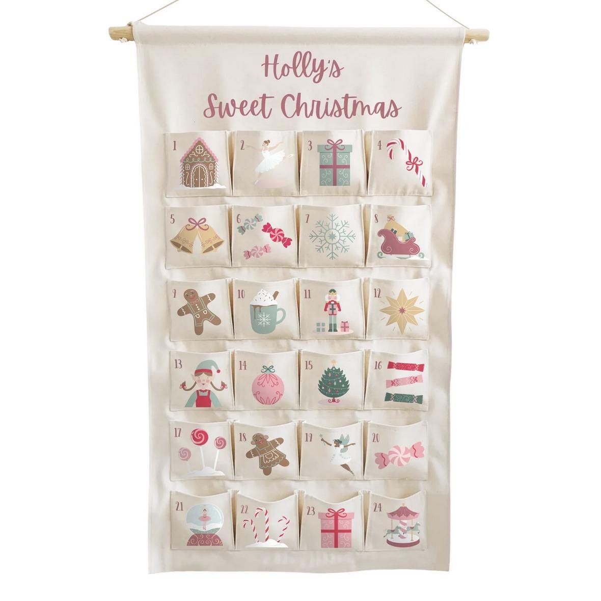 Custom Name Advent Calendar, Personalized Christmas Countdown, Fabric Wall Hanging, 24 Pockets, Kids Christmas Gift