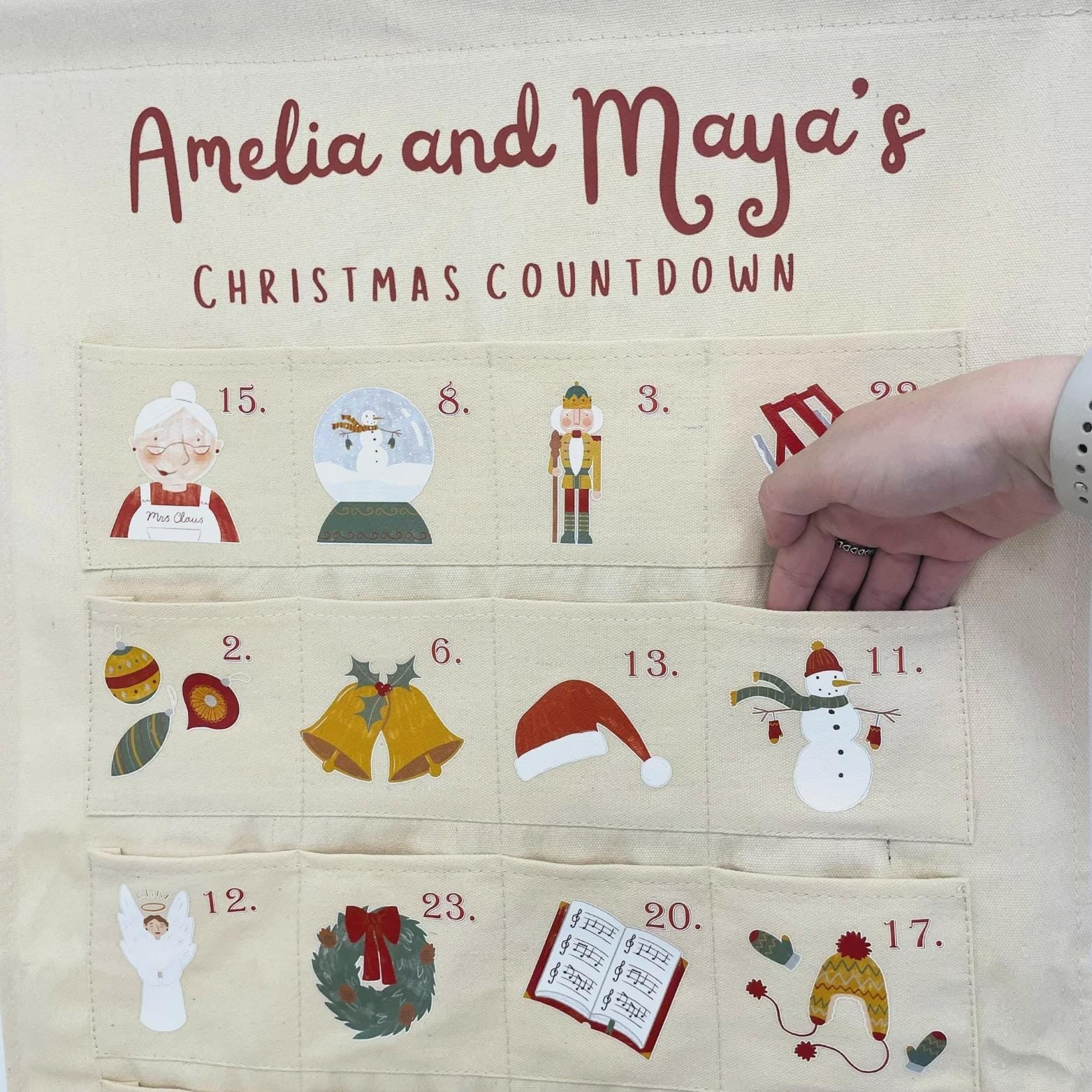 Personalized Christmas Countdown Advent Calendar, Custom Fabric Wall Hanging, 24 Pockets Holiday Decor, Kids Gift Idea