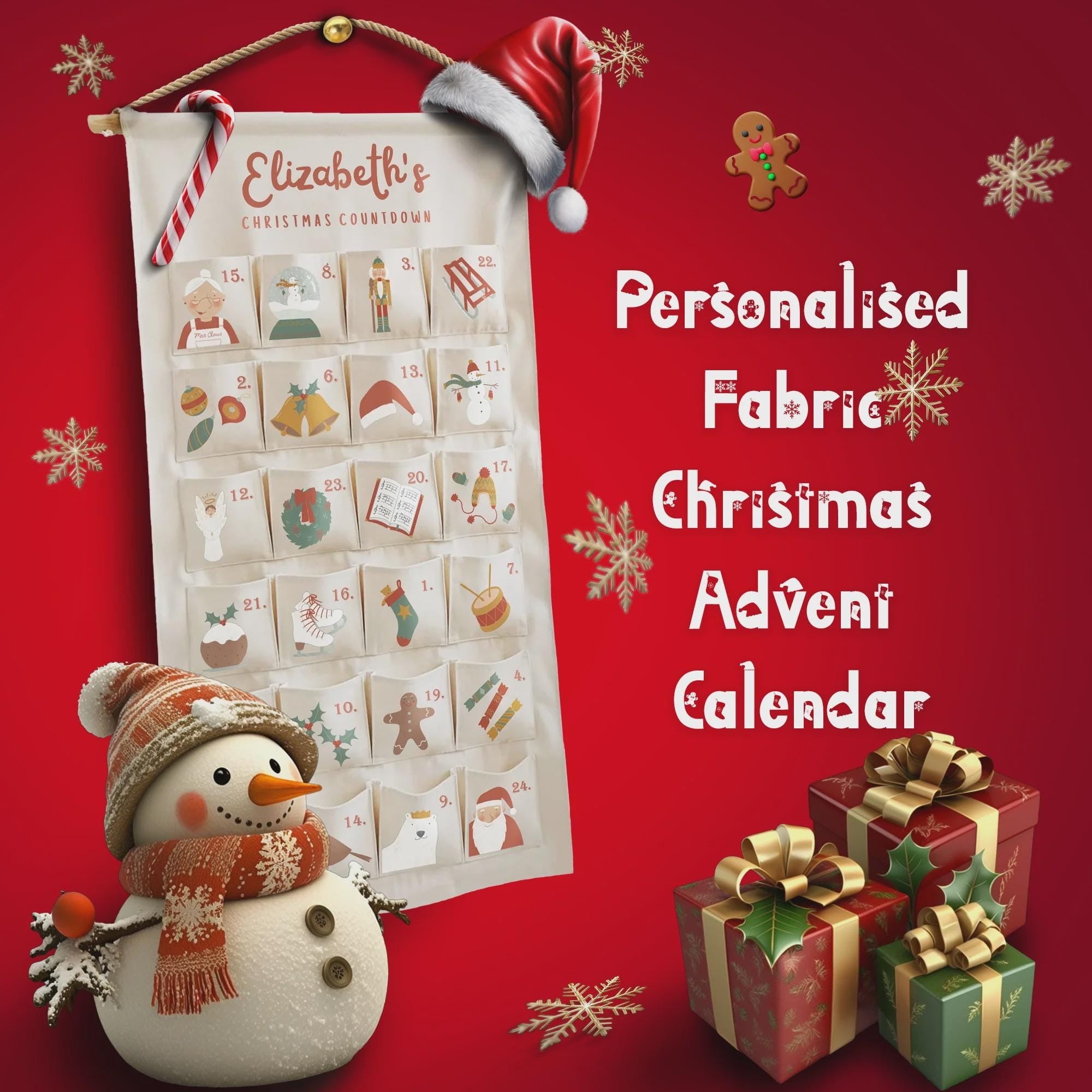 Personalized Christmas Countdown Advent Calendar, Custom Fabric Wall Hanging, 24 Pockets Holiday Decor, Kids Gift Idea