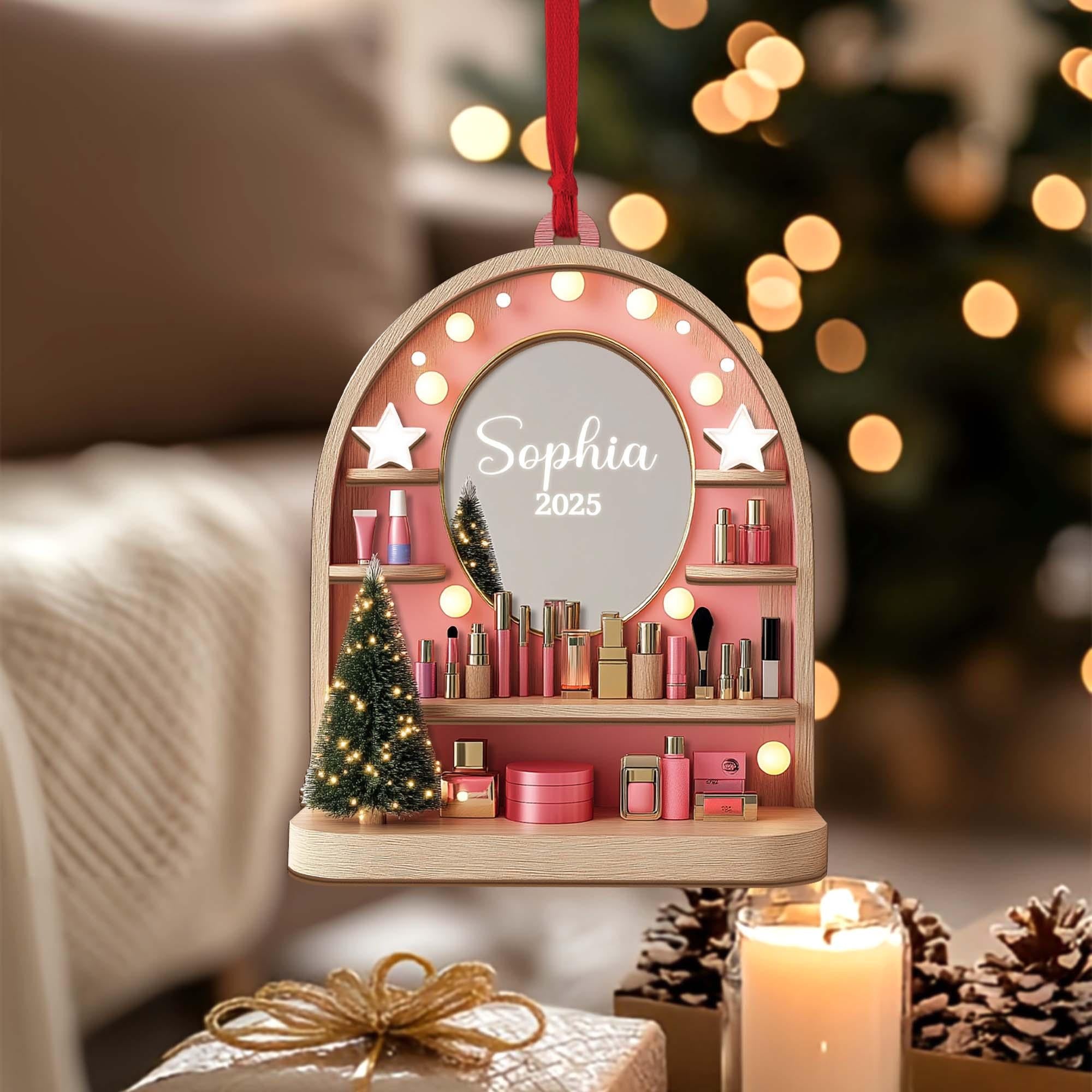 Custom Cosmetics Ornament Christmas Decor, Makeup Artist 3 Layered Wood Ornament Cosmetics Gift For Girls, Esthetician Artist Christmas Gift